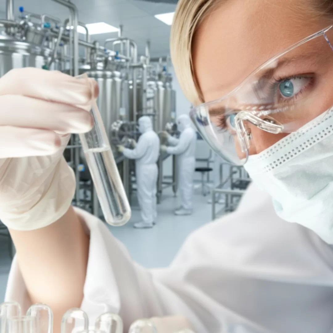 Profissional em laboratório a usar óculos de proteção e luvas ao manusear um tubo de ensaio