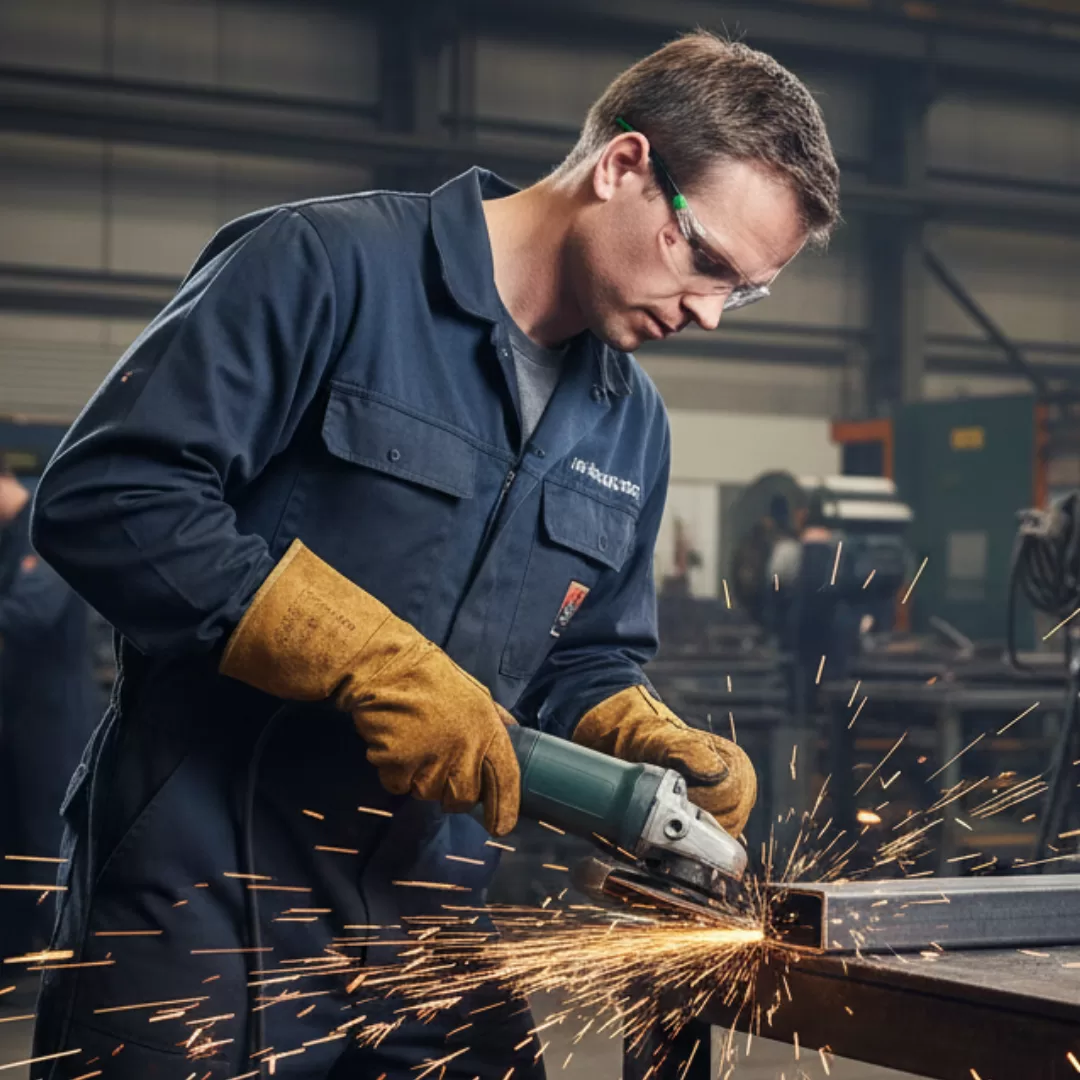 Trabalhador a usar óculos de proteção ao cortar metal com rebarbadora