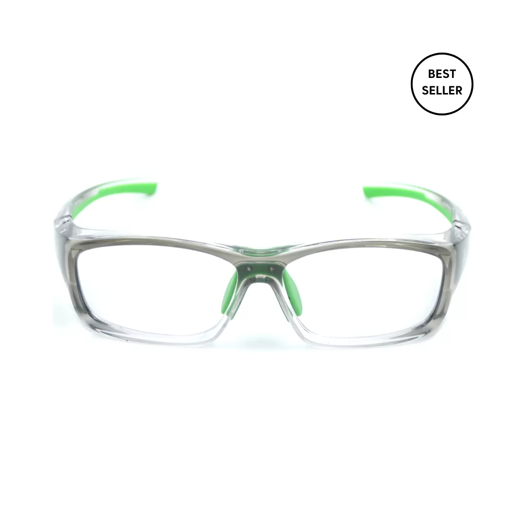 Óculos de proteção transparentes com detalhes verdes, vista frontal