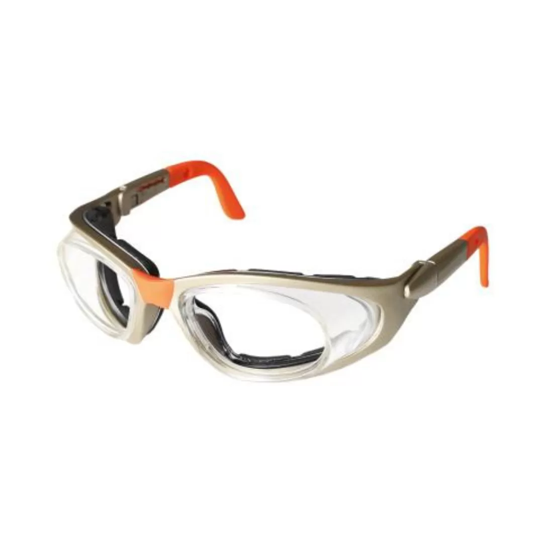 Óculos de proteção com lentes transparentes e detalhes laranja, vista diagonal