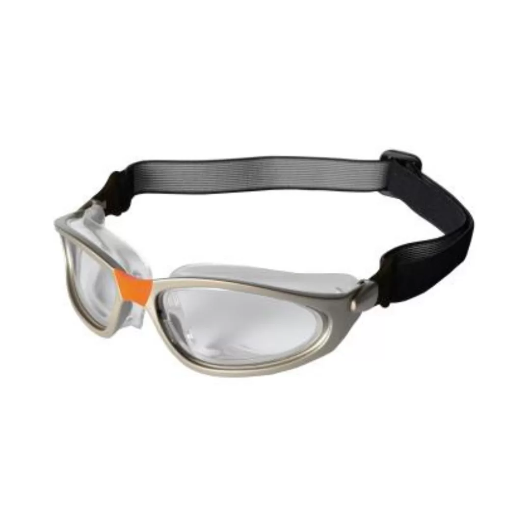 Óculos de proteção com fita elástica, vista diagonal, com detalhe laranja