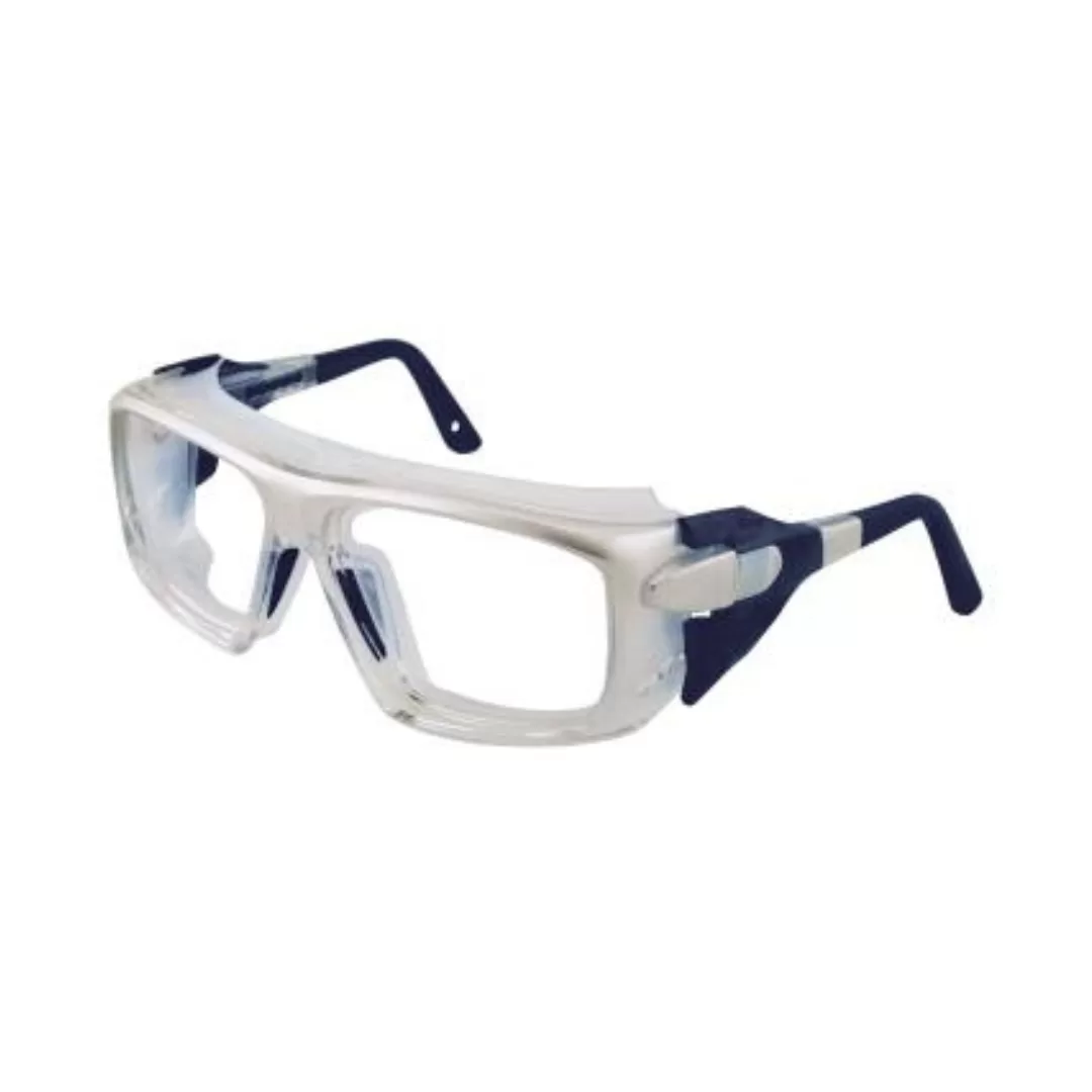 Óculos de proteção com lentes transparentes e laterais azuis, vista diagonal