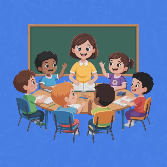 Ilustração de sala de aula com professora e alunos sentados à volta de uma mesa