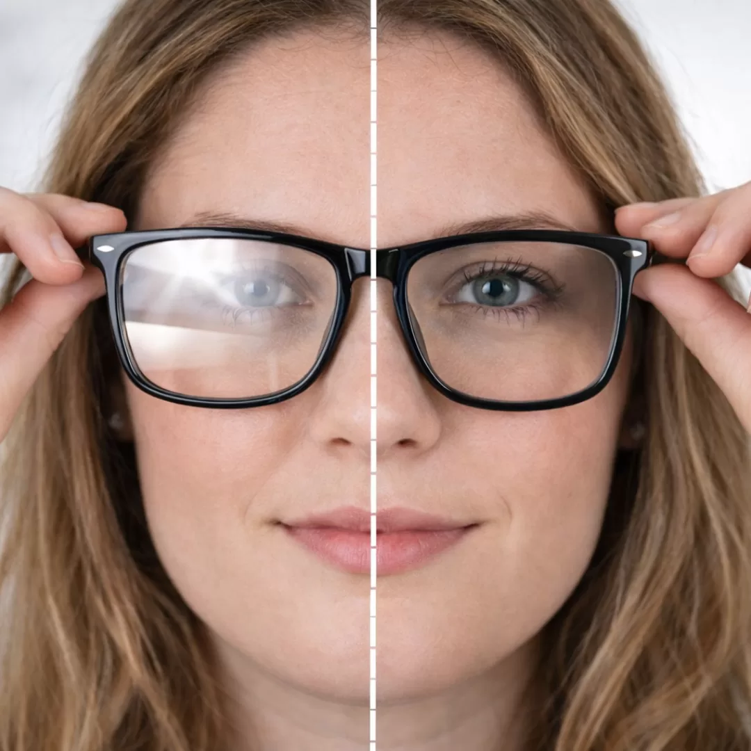 comparação entre lente sem tratamento antirreflexo e lente com antirreflexo