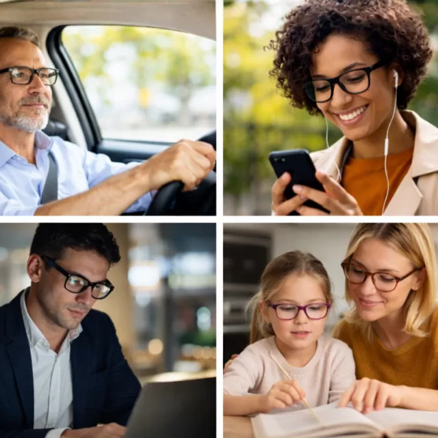 pessoas a utilizar óculos em diferentes rotinas como conduzir, trabalhar e usar telemóvel