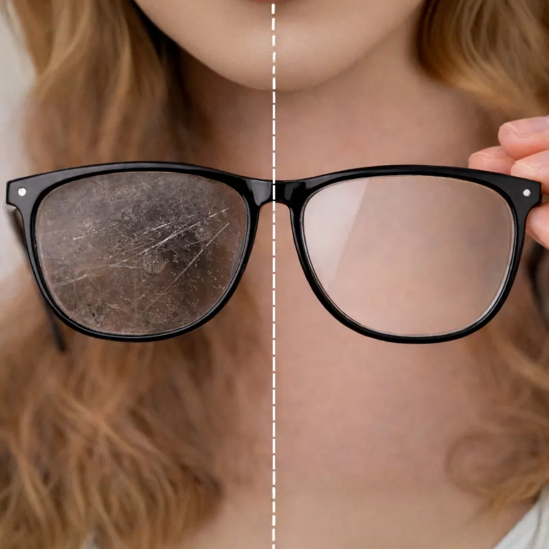 comparação entre lente riscada e suja e lente limpa com tratamento de proteção