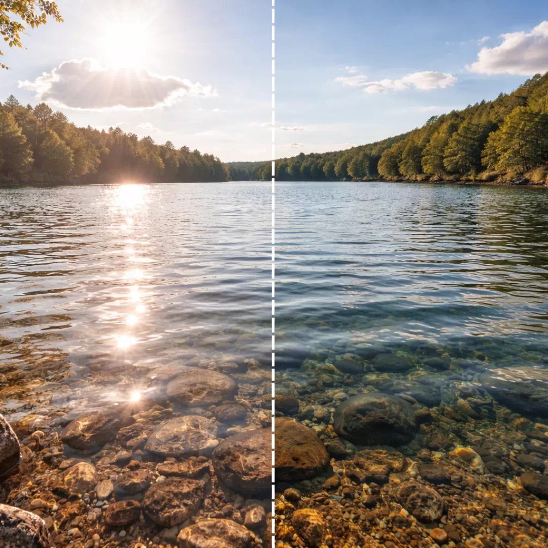 comparação de visão com e sem lentes polarizadas em lago com reflexo da água