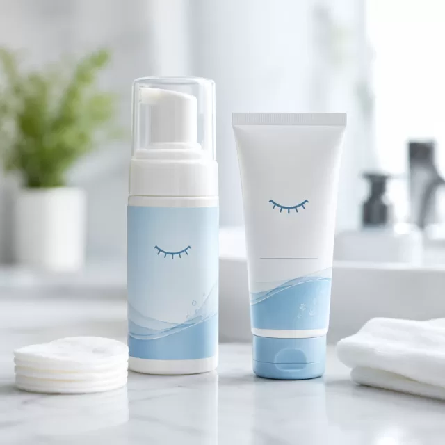 Produtos de higiene palpebral em gel e espuma com discos de algodão